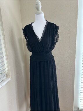 Max Studio Black Ruffled Maxi Dress with Smocked Waist